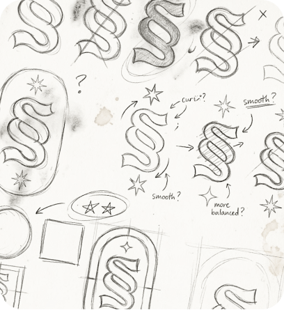 Hand-drawn pencil sketches showing Supreme logo design development and iterations