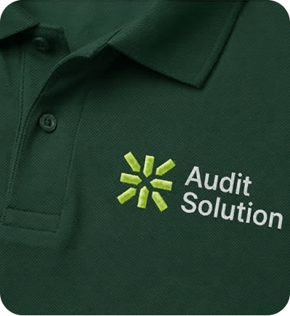 Audit Solution logo on polo reinforcing professional brand presence