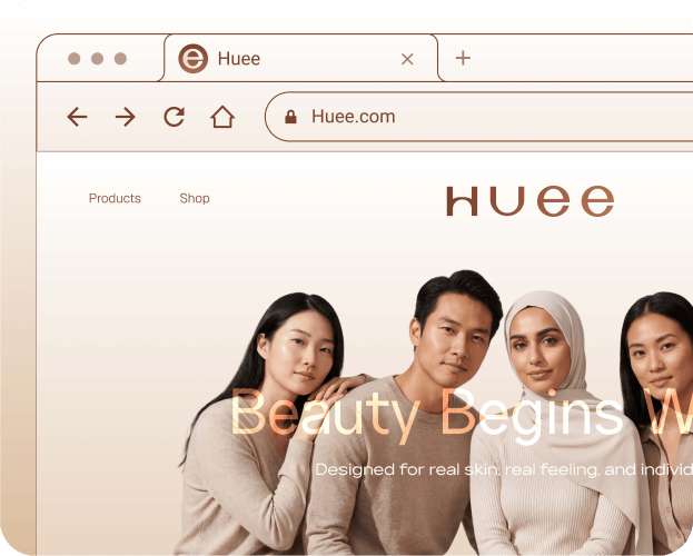 Huee website showcasing premium skincare brand built for real skin real people