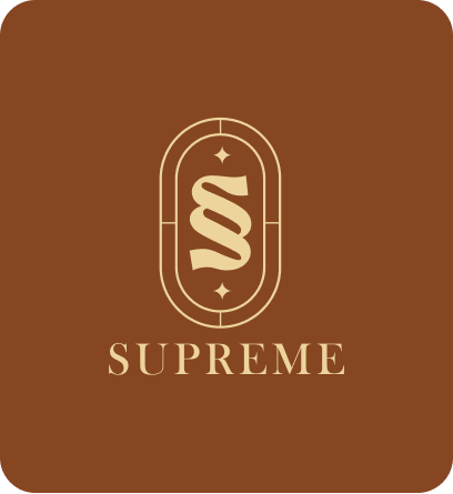Supreme luxury fragrance brand logo with gold monogram badge on brown background