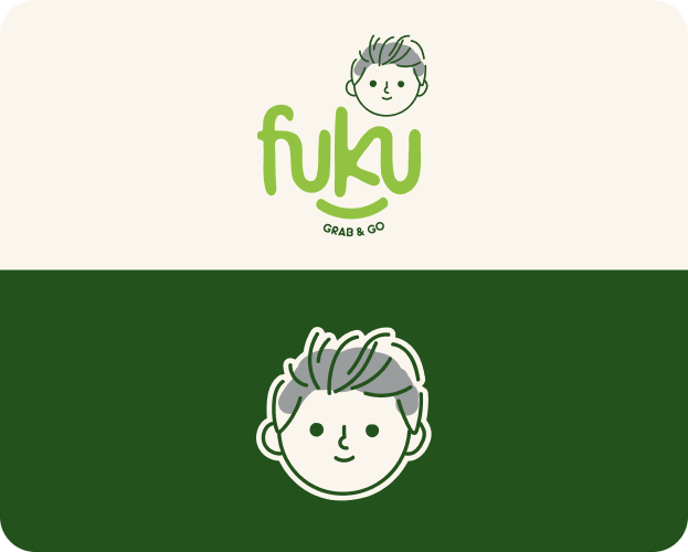 Fuku Grab & Go green logo with smiling boy mascot on cream and dark green background