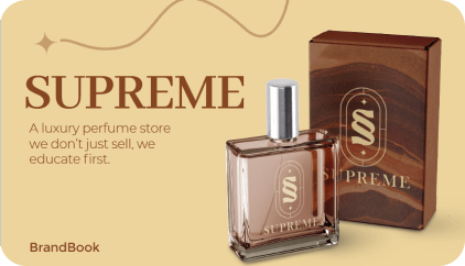 Supreme luxury perfume brand book cover with product bottle on cream background