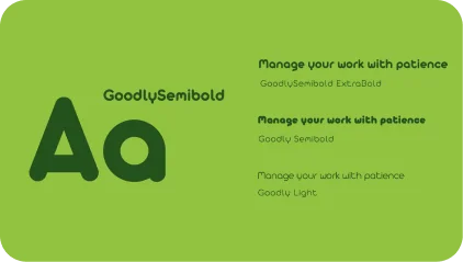 Fuku brand typography sheet showing GoodlySemibold font styles on green background