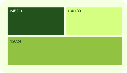 Fuku brand color palette displaying dark green 24521D, light green D4FF80 and 92C241