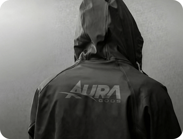 Hooded jacket with Aura Gods logo showcasing dark streetwear branding