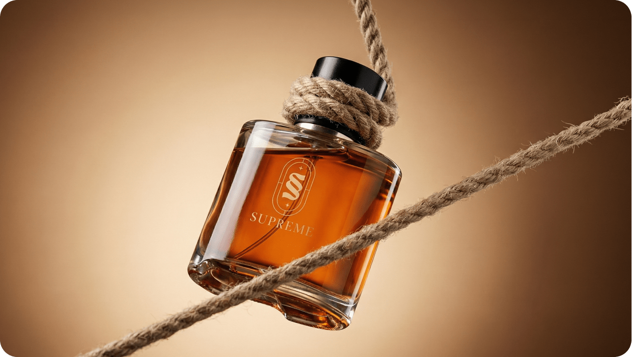 Supreme luxury perfume bottle with amber fragrance suspended by a rustic rope against a warm brown studio background