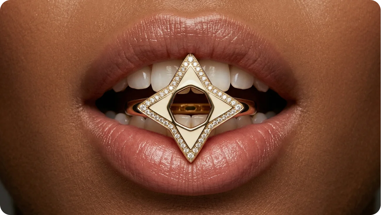Close-up of diamond star-shaped grillz jewellery piece held between lips for Reverie brand