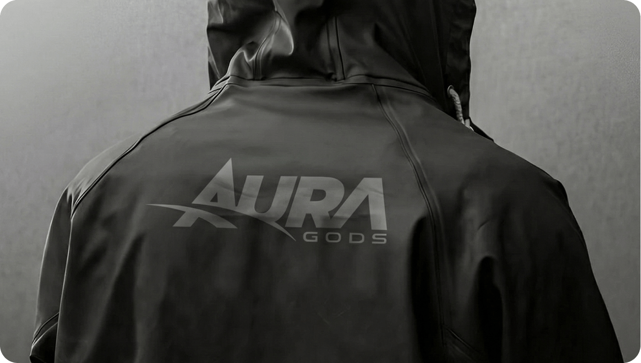 Hooded jacket with Aura Gods logo showcasing dark streetwear branding