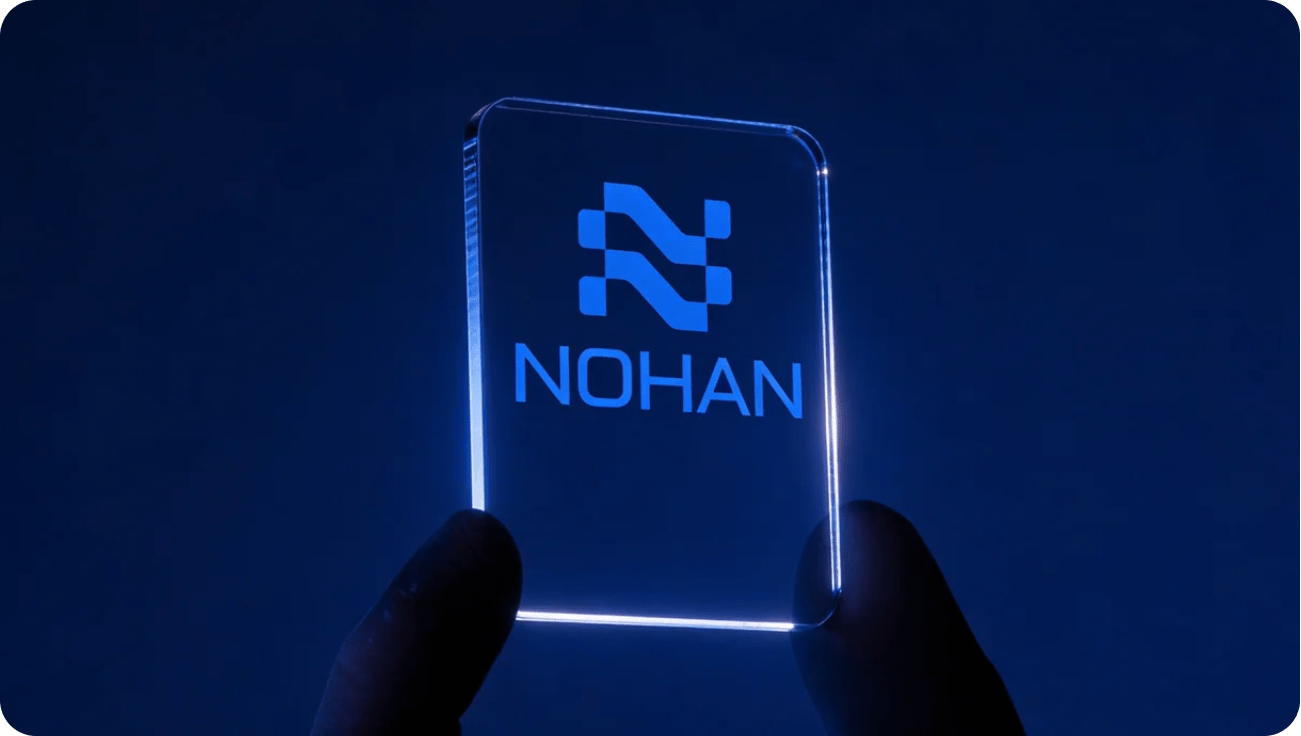 Glowing acrylic card displaying Nohan Agency logo with blue neon effect