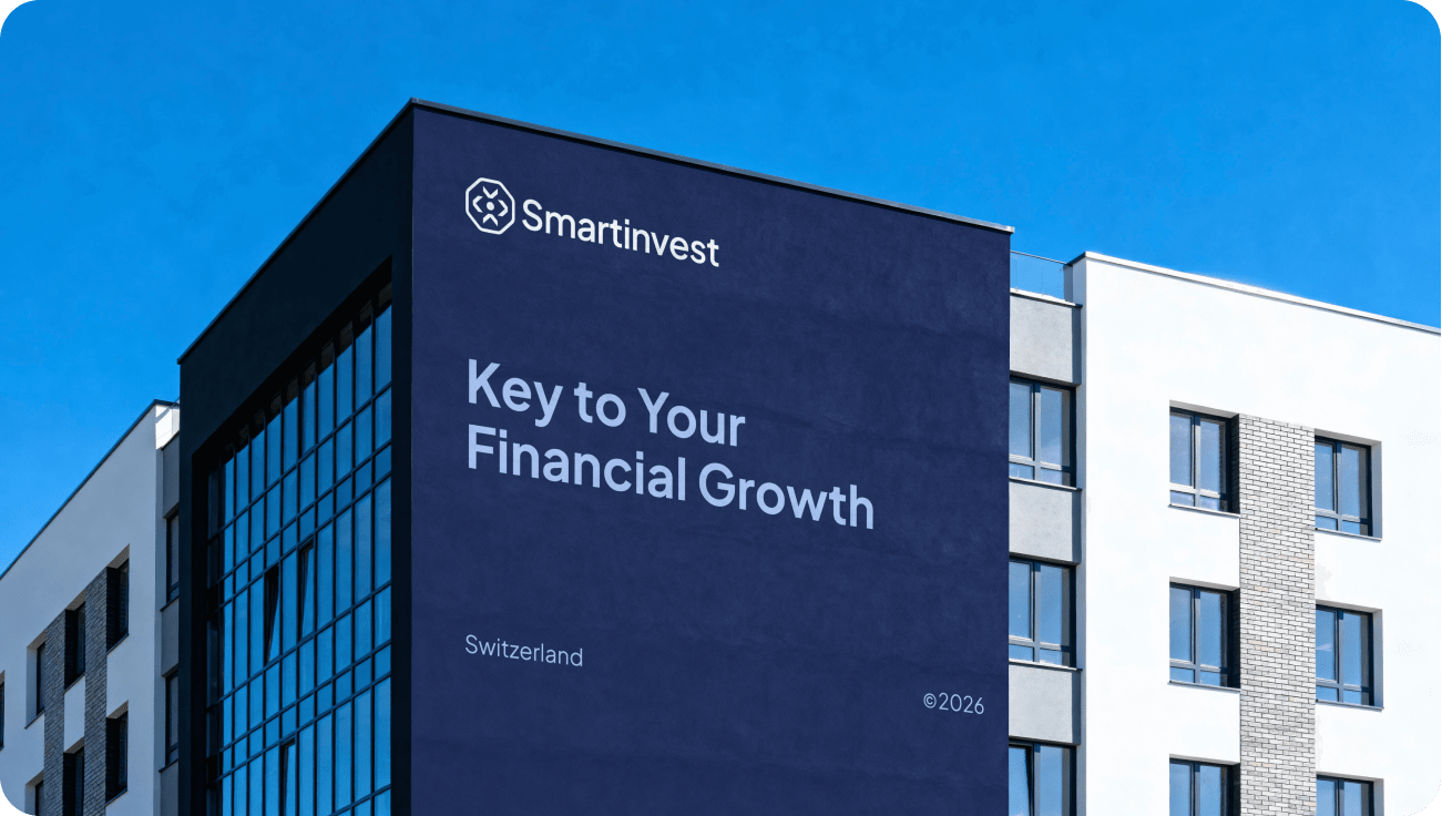 Smartinvest logo and financial growth tagline on dark corporate building facade