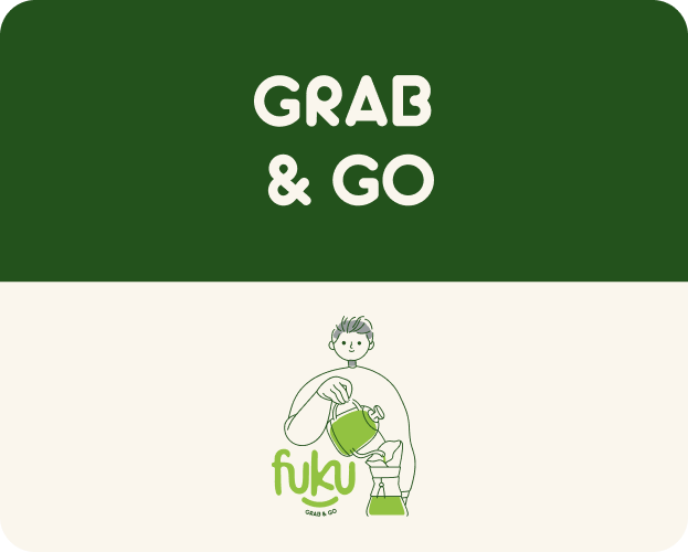 Fuku Grab & Go brand card showing bold typography and mascot pouring coffee illustration