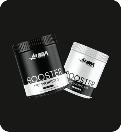 Aura Gods Booster Pre Workout supplement jars showcasing premium fitness product packaging built to inspire performance