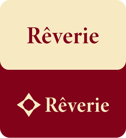 Reverie minimal logo on cream and red cards positioning the brand as a symbol of luxury