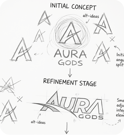 Aura Gods logo sketches showing creative process from initial concept to refined brand identity