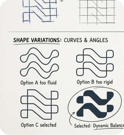 Nohan logo shape variation sketches showing thoughtful design process to achieve perfect dynamic balance