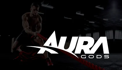 Aura Gods logo on dark athletic banner communicating strength and premium fitness brand positioning