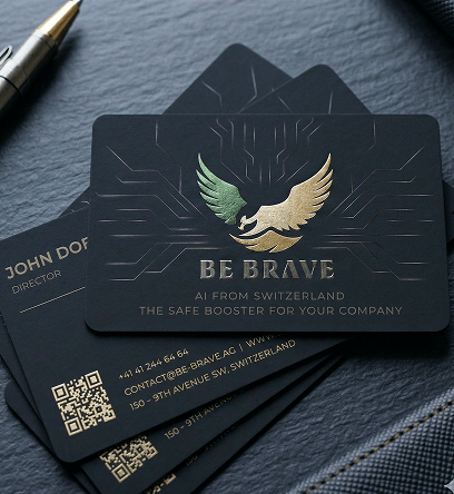 Be Brave black card reflecting secure Swiss AI brand identity